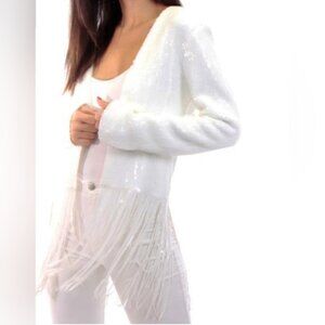 NWT Dolce Cabo White Sequin Fringe Jacket M Festival Western Boho Statement